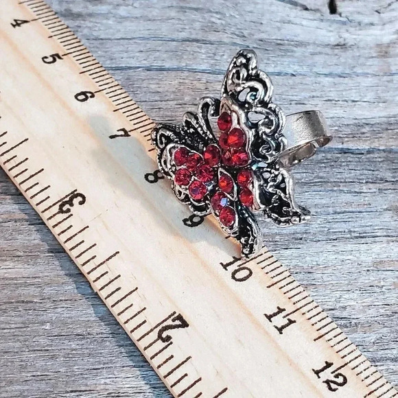 Vintage Y2K 90s Red Crystal Butterfly Silver Adjustable Cocktail Ring - Picture 7 of 8